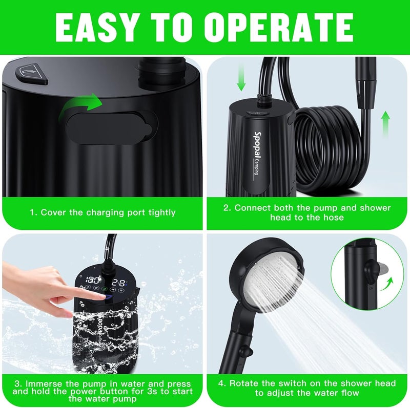 Spopal Portable Shower for Camping, [Upgraded] 10000mAh Rechargeable Camping Shower with 5 Adjustable Speeds,Premium LED Display, IPX8 Waterproof Outdoor Shower Kit for Hiking, Car, Pet, Travel - Image 5
